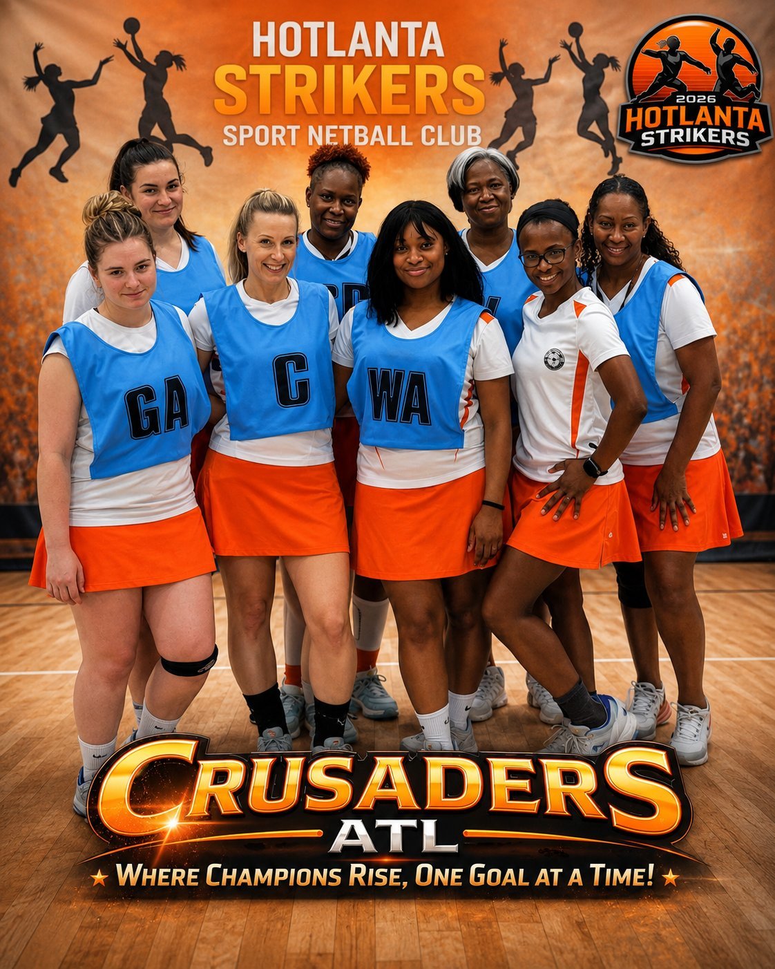 Hotlanta Strikers sport netball club team photo with players in blue and orange uniforms posing on a court
