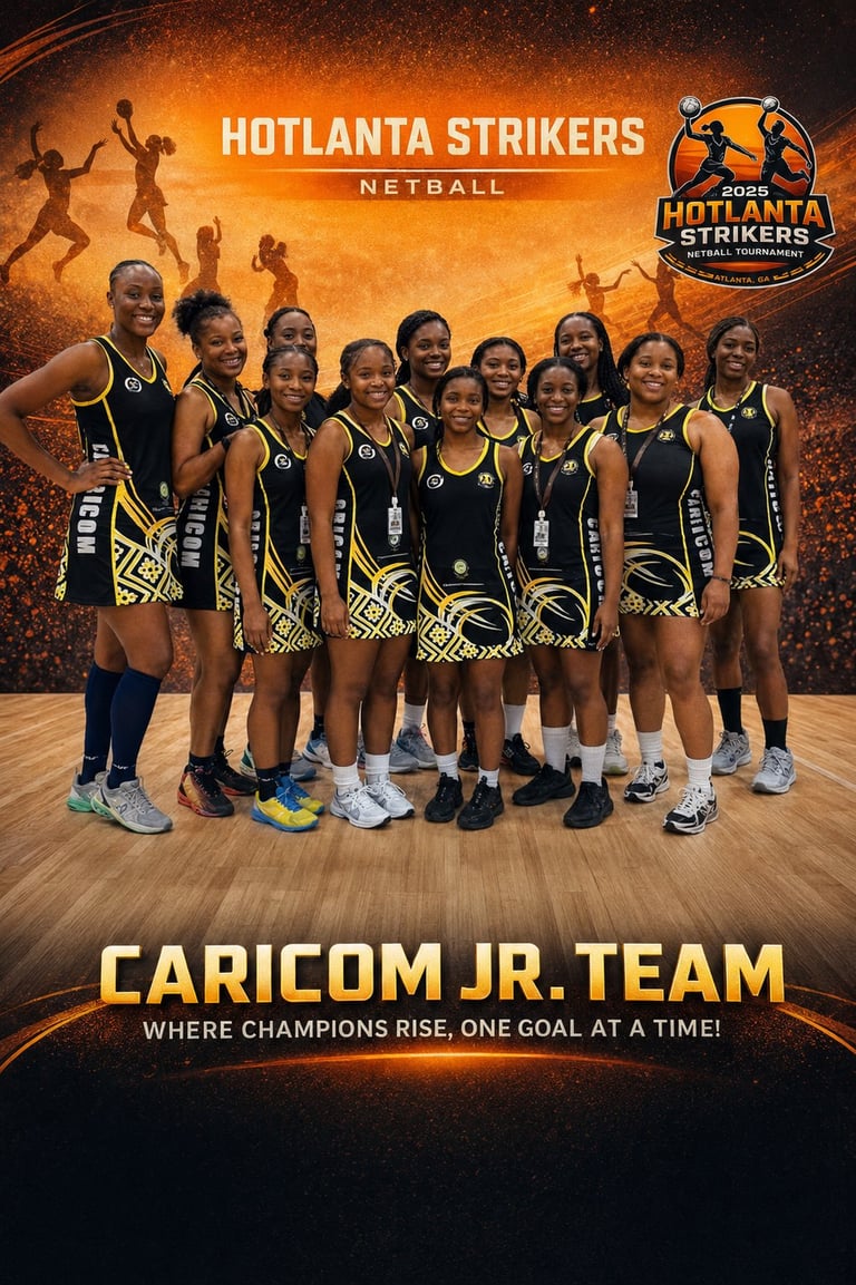 Hotlanta Strikers Caricom Jr. netball team posing in black and yellow uniforms with team logo