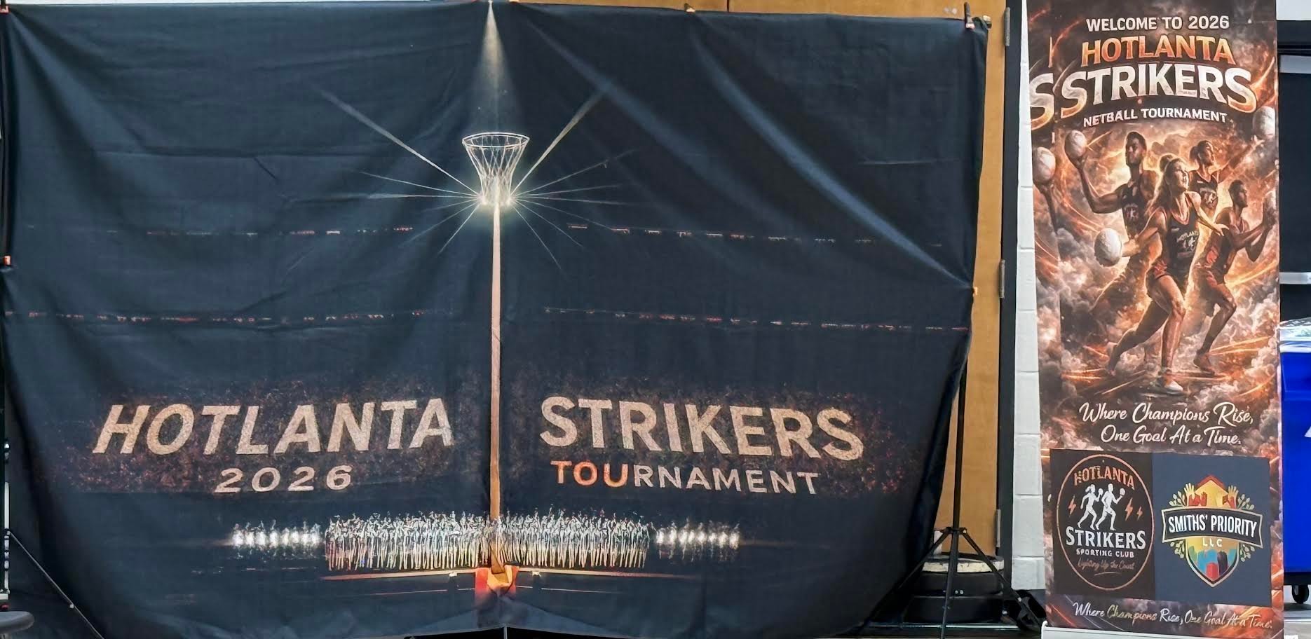 Hotlanta Strikers 2026 Tournament promotional banner and signage with team logos