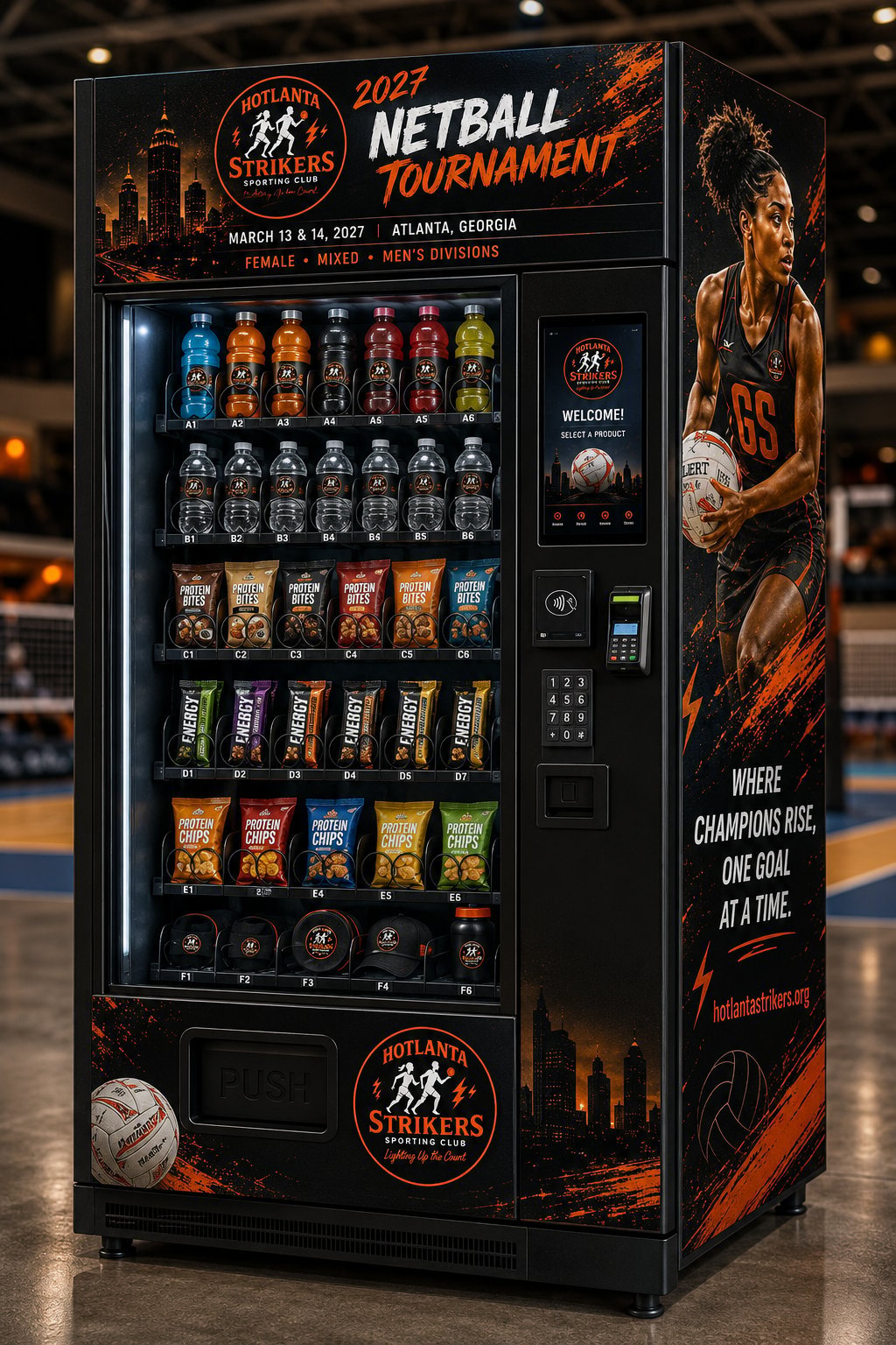 Custom vending machine for Atlanta Strikers 2027 Netball Tournament featuring beverages and snacks with promotional graphics and athletic imagery