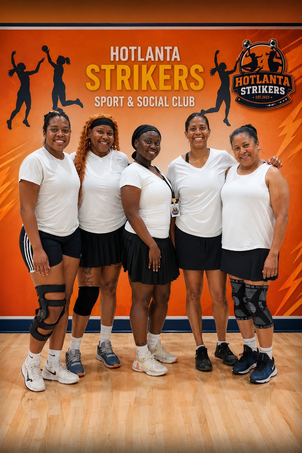 Five women in white shirts and black shorts pose together in front of an orange HotLanta Strikers Sport & Social Club backdrop.