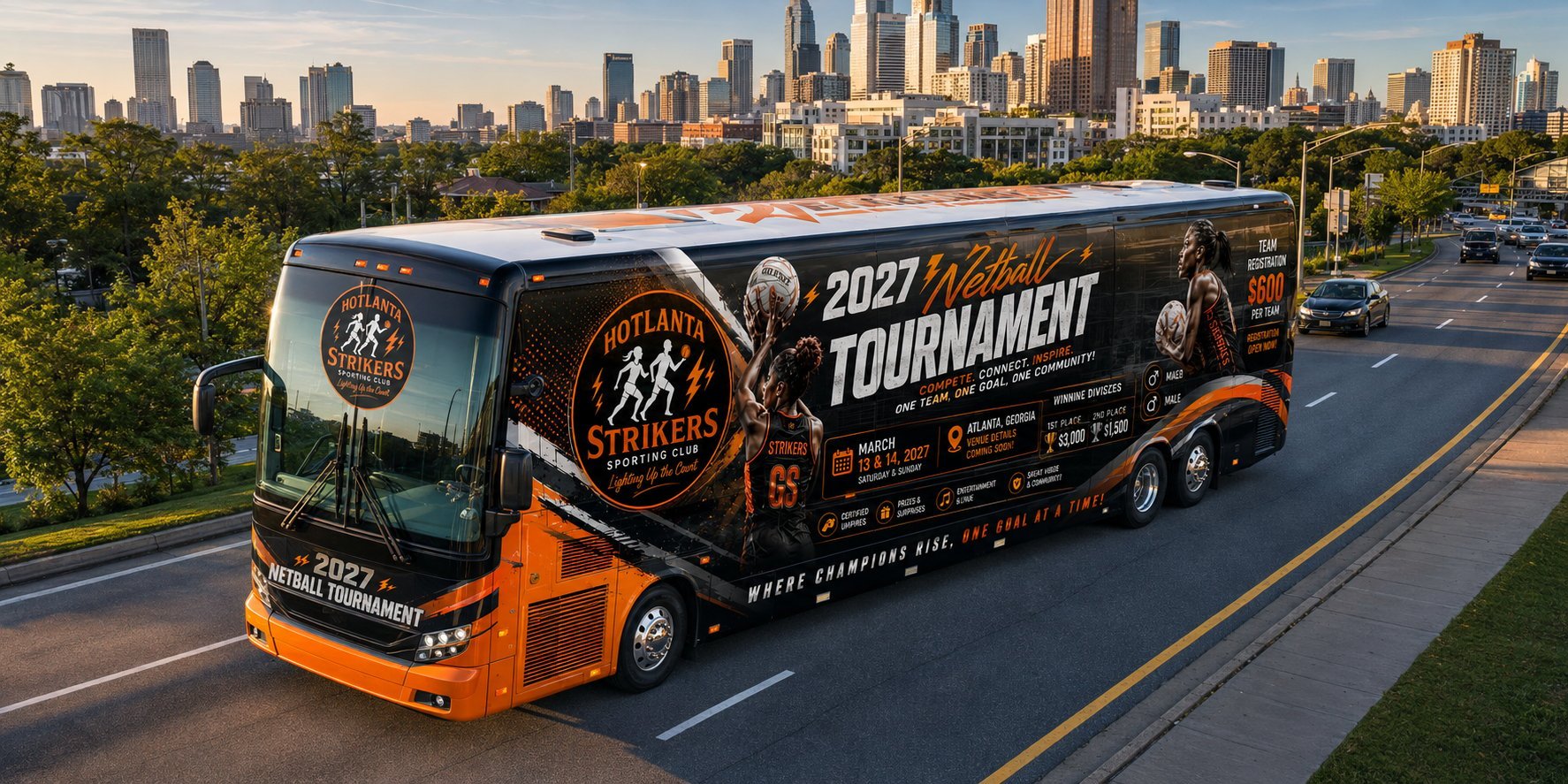 Black and orange tournament bus traveling on highway with city skyline in background