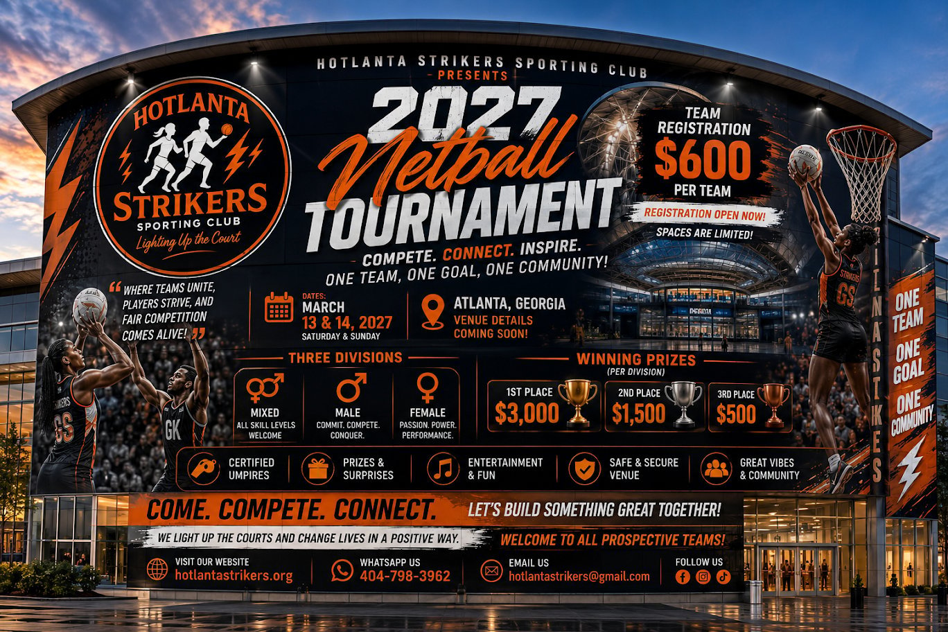 Large outdoor promotional billboard for Hotlanta Strikers 2027 Invitational basketball tournament in Atlanta, Georgia at sunset