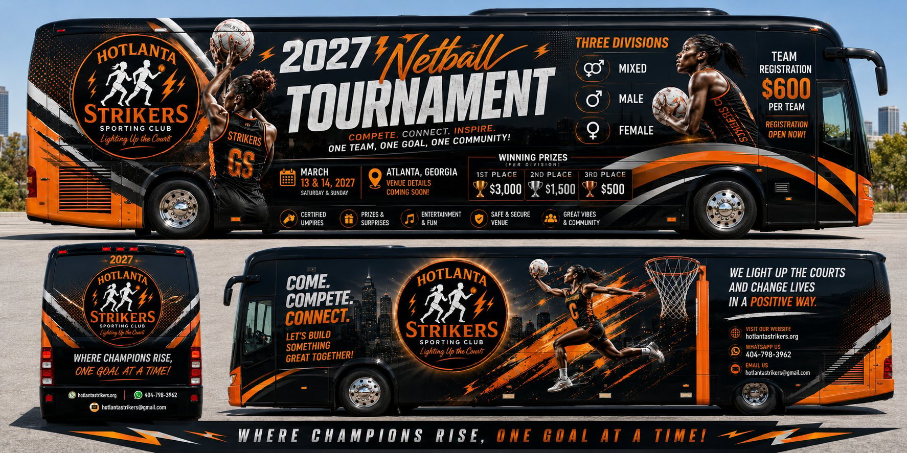 Black and orange bus wraps for 2027 Netball Tournament featuring strikers logo and event details.