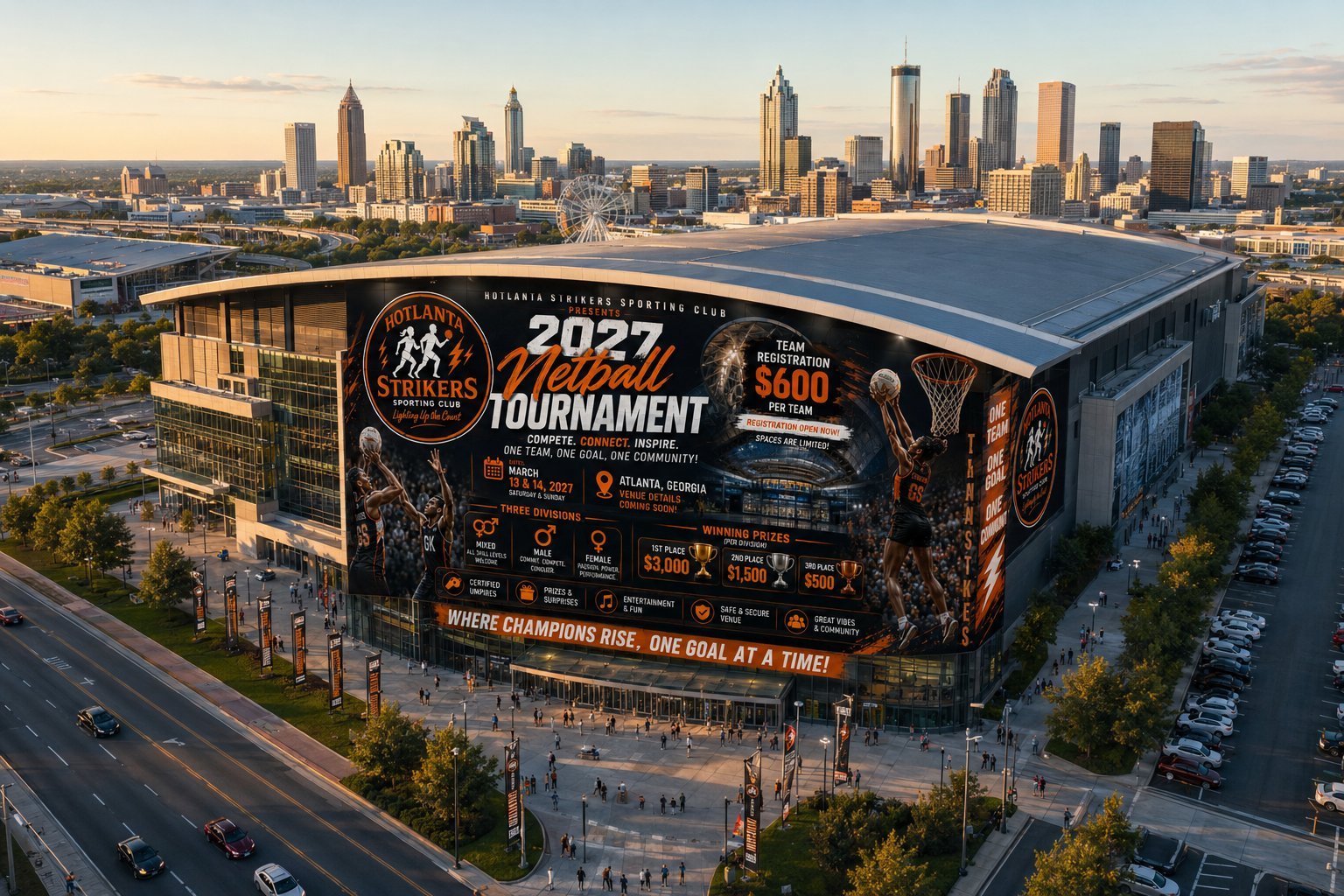 Aerial view of modern arena with 2027 Tournament banner against city skyline with blue water and busy streets